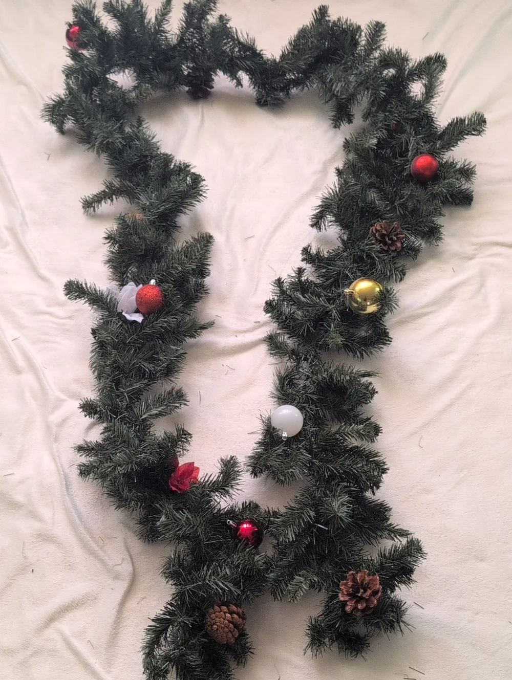 Artificial Evergreen Holiday Garland with Red, Gold, White Ornaments